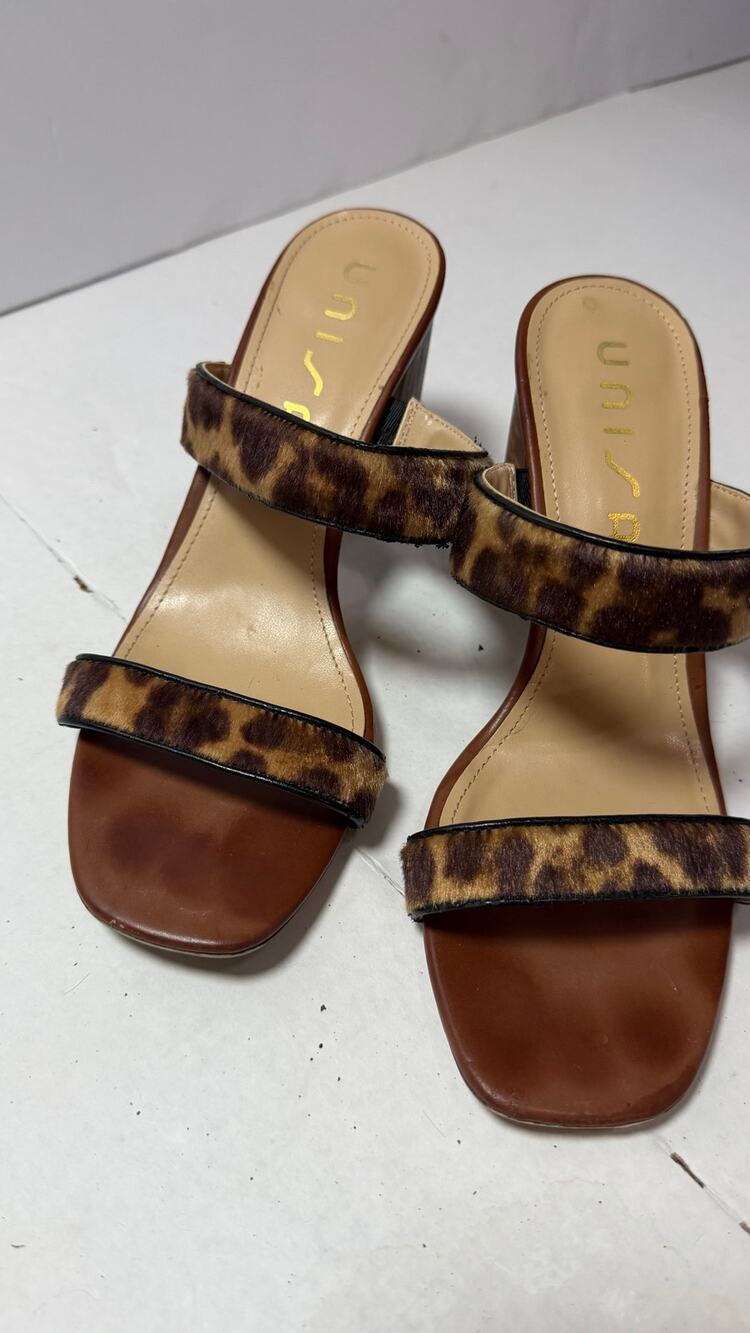 UNISA Women Leopard Print Block Heel Sandals Square Toe Slip On Brown Size 7.5